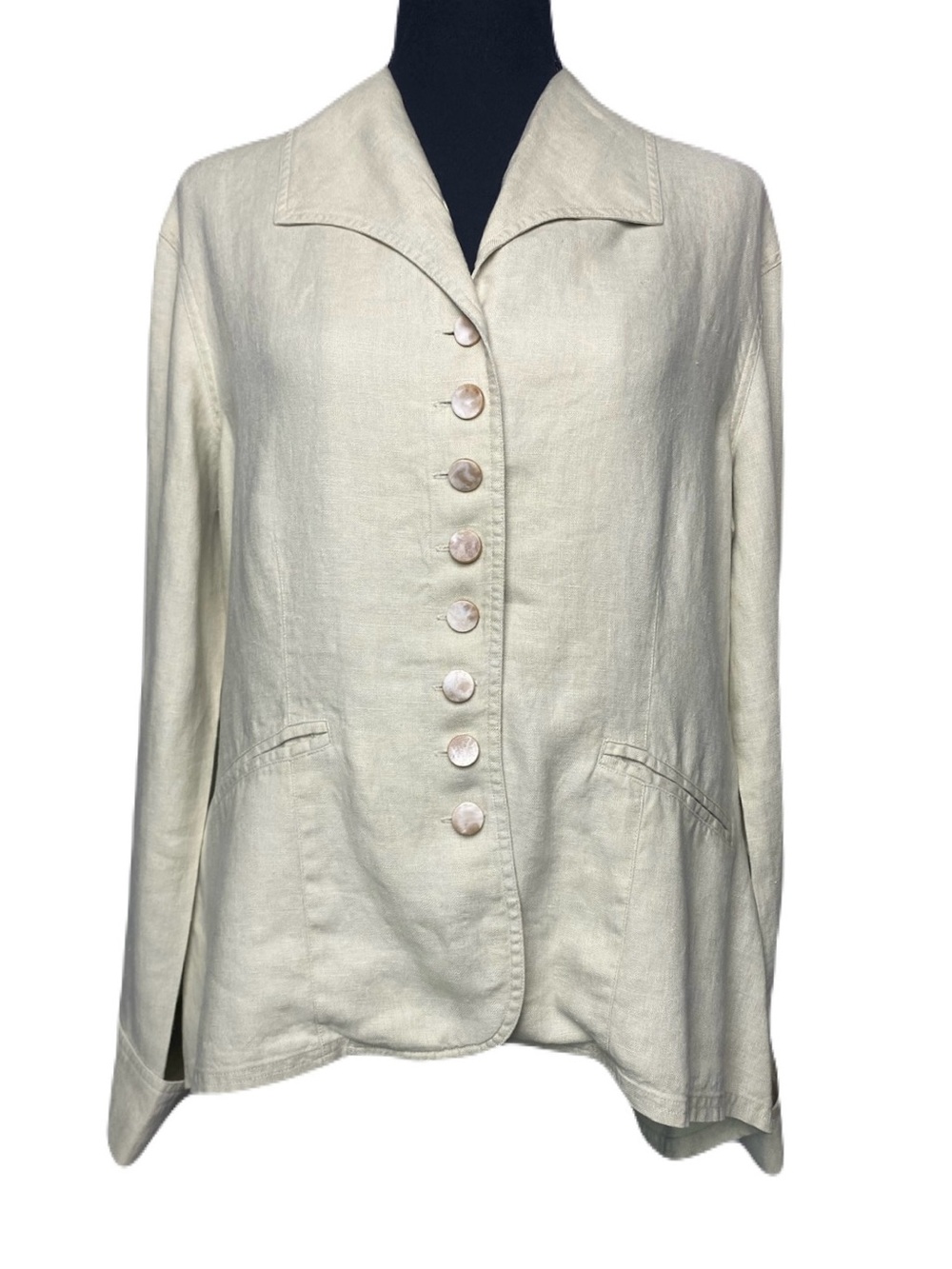 J. Jill Beige 100% Linen High Low Blazer Many Button Top Whimsical Women's Small